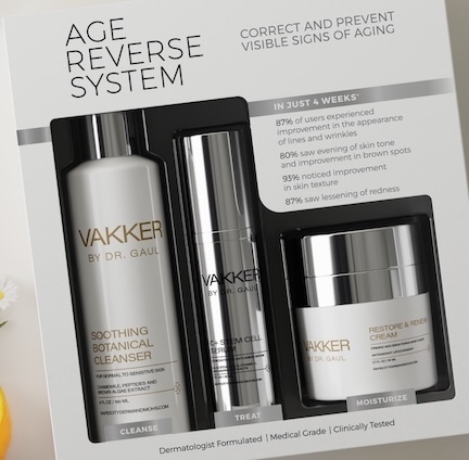 VAKKER by Dr. Gaul Age Reverse System boxed set: Soothing Botanical Cleanser, C+ Stem Cell Serum, and Restore & Renew Cream.