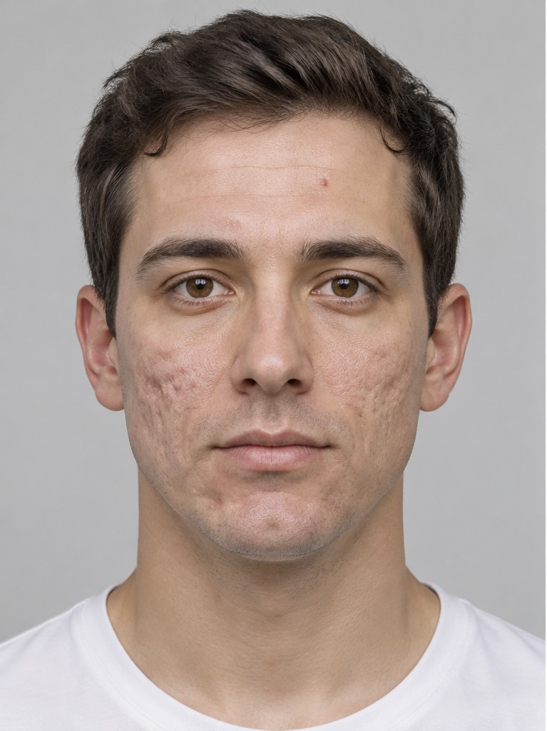 Illustrative before photo of a young man with acne scarring across his cheeks and temples