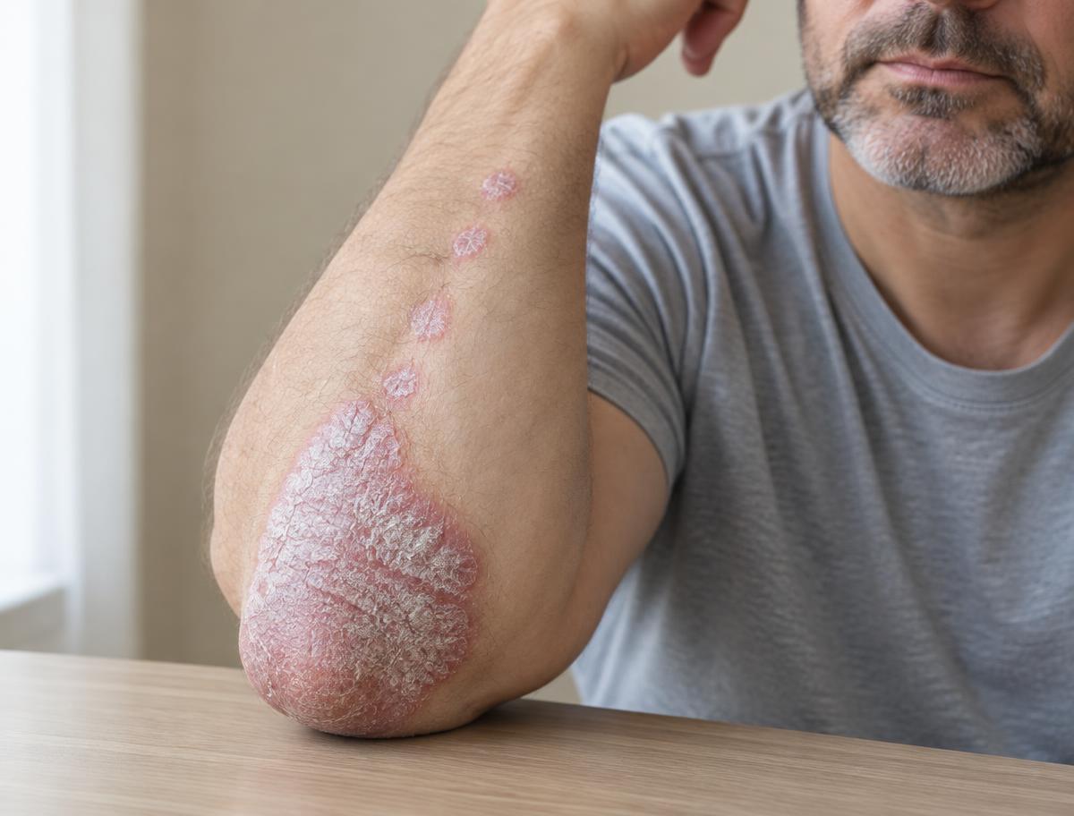 Illustrative photograph of psoriasis affecting skin