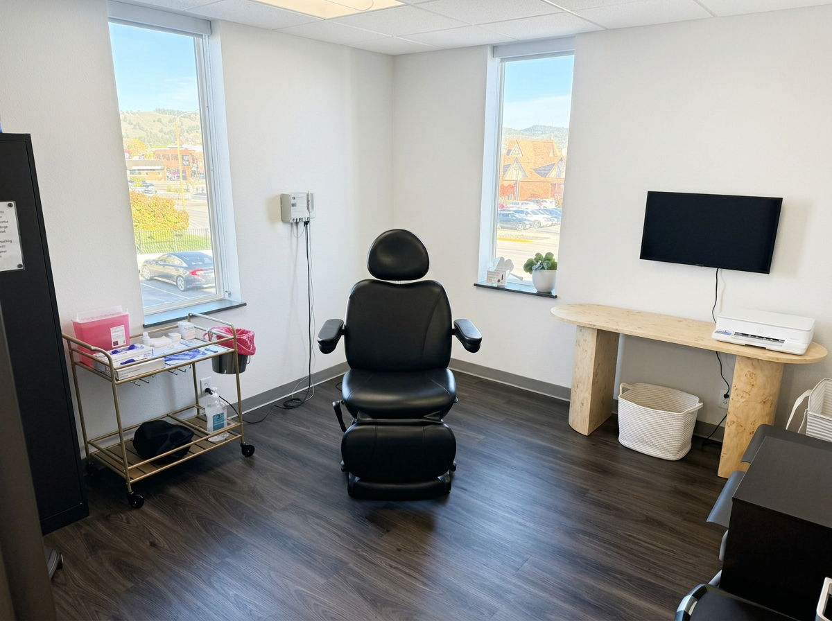 Bright dermatologic procedure room with a black treatment chair, gold supply cart and tall windows