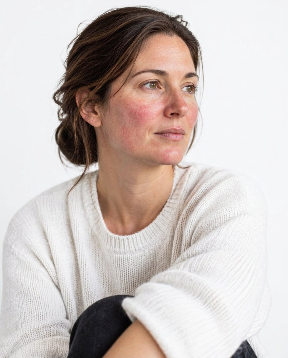 Woman with mild facial redness seated in natural daylight