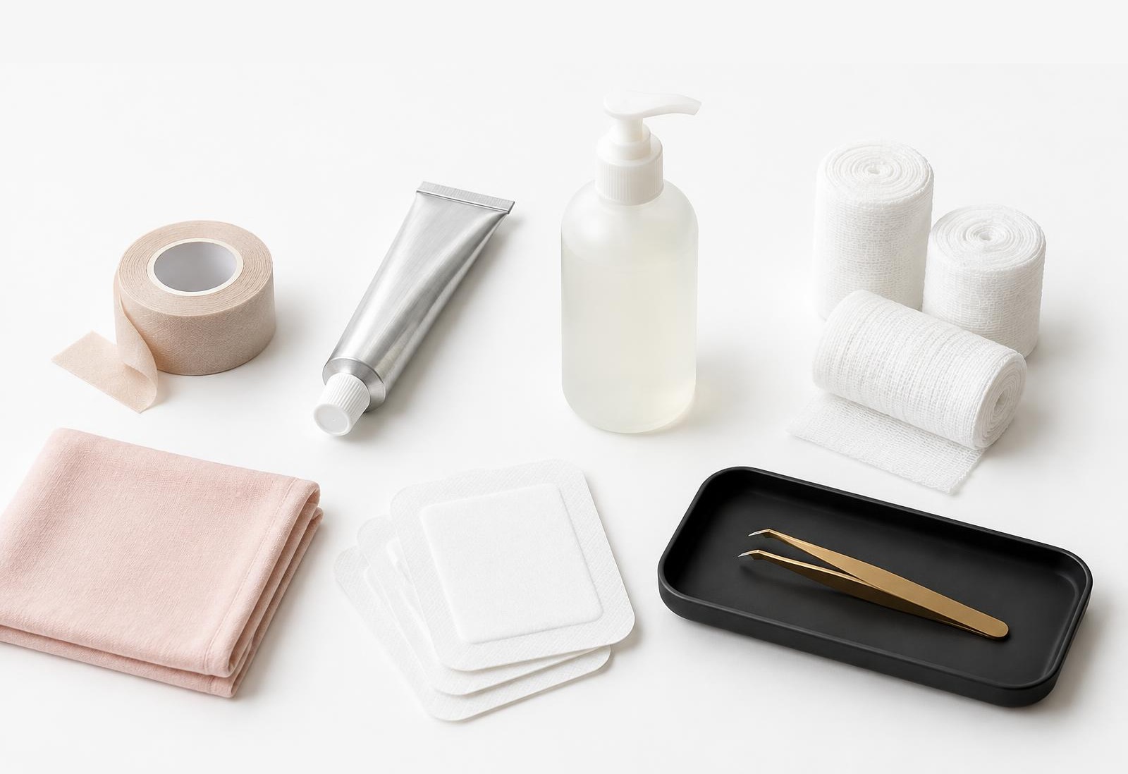 Wound care supplies arranged on a white surface: gauze rolls, paper tape, a tube of petroleum ointment, a bottle of gentle soap and non-stick pads